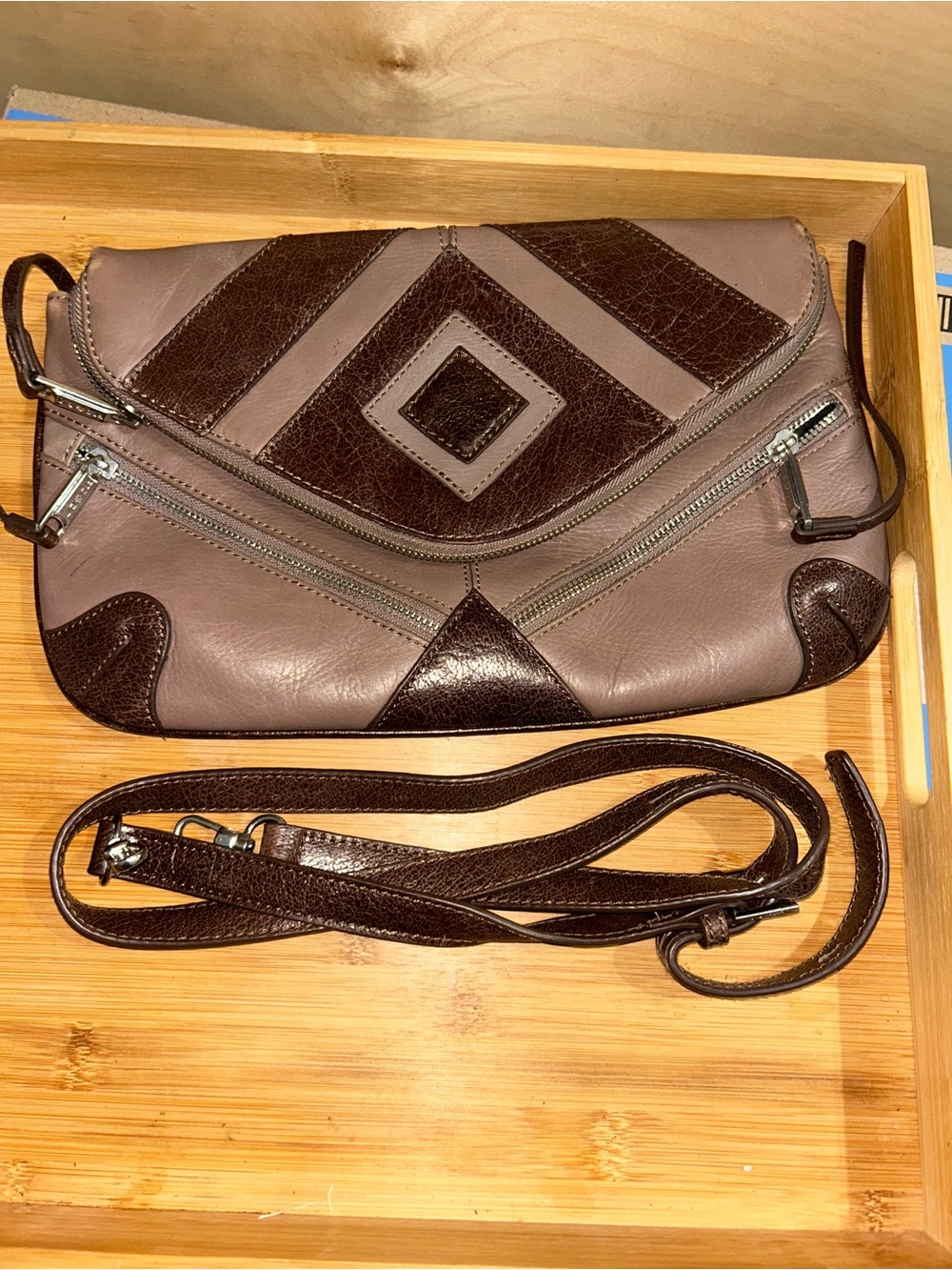 Joe’s Leather Crossbody Clutch in Taupe and Dark Brown